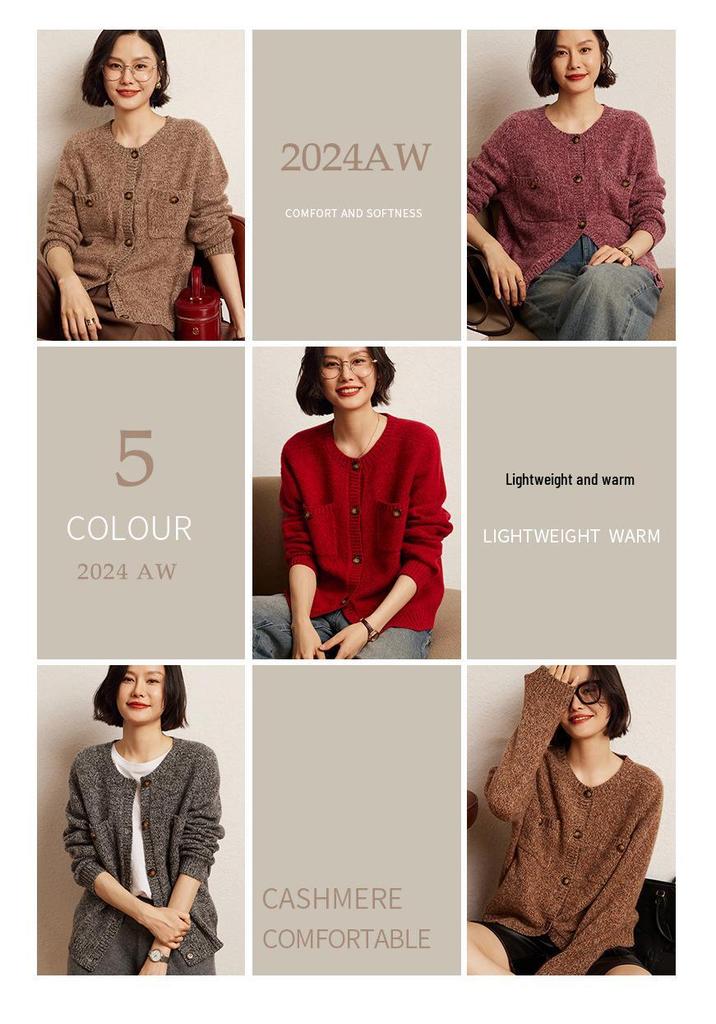 Women's Retro Floral Button-Up Cashmere Cardigan - Round Neck, Thick, Double Pocket, Slimming Knit Sweater for Autumn/Winter