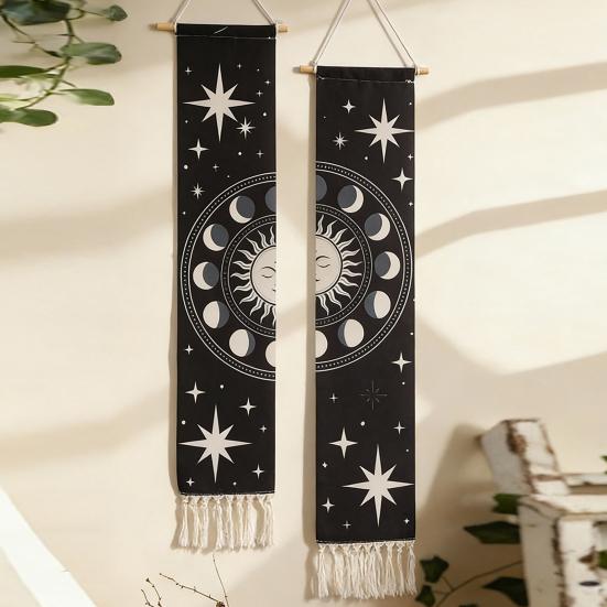 Fringed Tapestry, Soft Cotton with Sun Moon Star Prints Wall Hanging, Bohemian Style Doorway Curtain for Bedroom Living Room