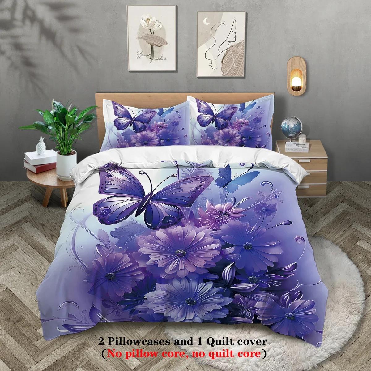 

3шт модний фіолетовий постільний комплект з принтом метеликів, м який і зручний, для жіночої спальні, ліжка розміру queen , king і twin EU Twin(135x200cm)