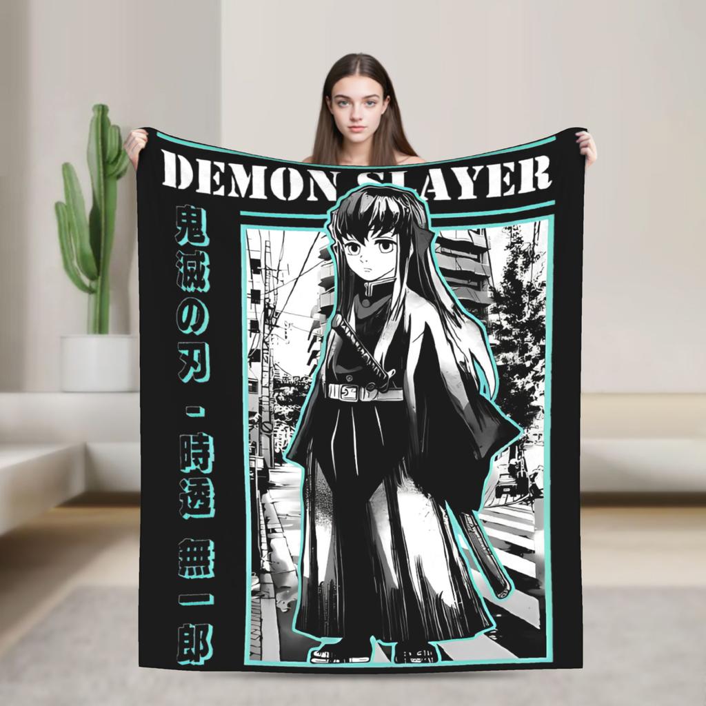 Muichiro Tokito Blue Design  Flannel Throw Blanket Anime Blanket for Sofa Couch Lightweight Bed Rug,