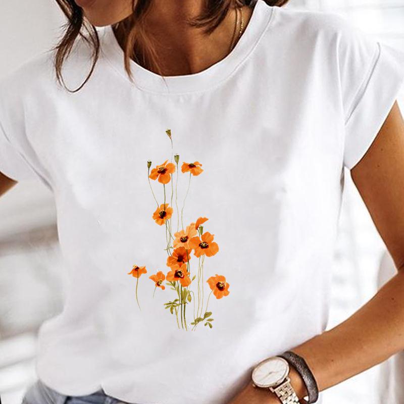 90s Cute Women Short Sleeve Flower Watercolor Trend Print Tee Top Summer Fashion T-shirt Clothing Casual Lady Female Graphic T-shirt