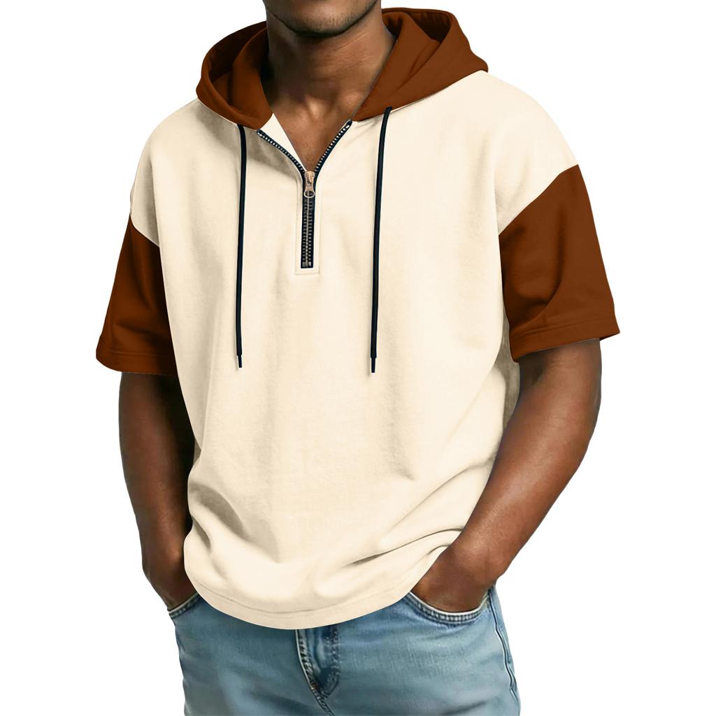 Men's Casual Hooded Zipper Neck Sweatshirt Short Sleeve Top
