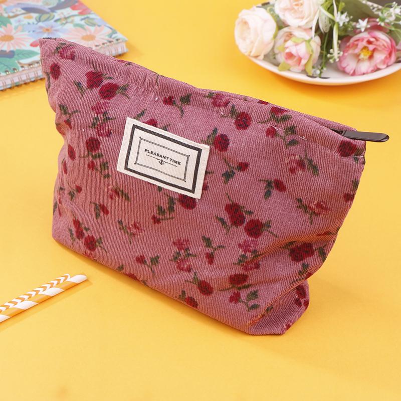 Cute Flower Corduroy Makeup Bag Women Zipper Cosmetic Organizer Female Clutch Bag Portable Toiletry Case For Girls
