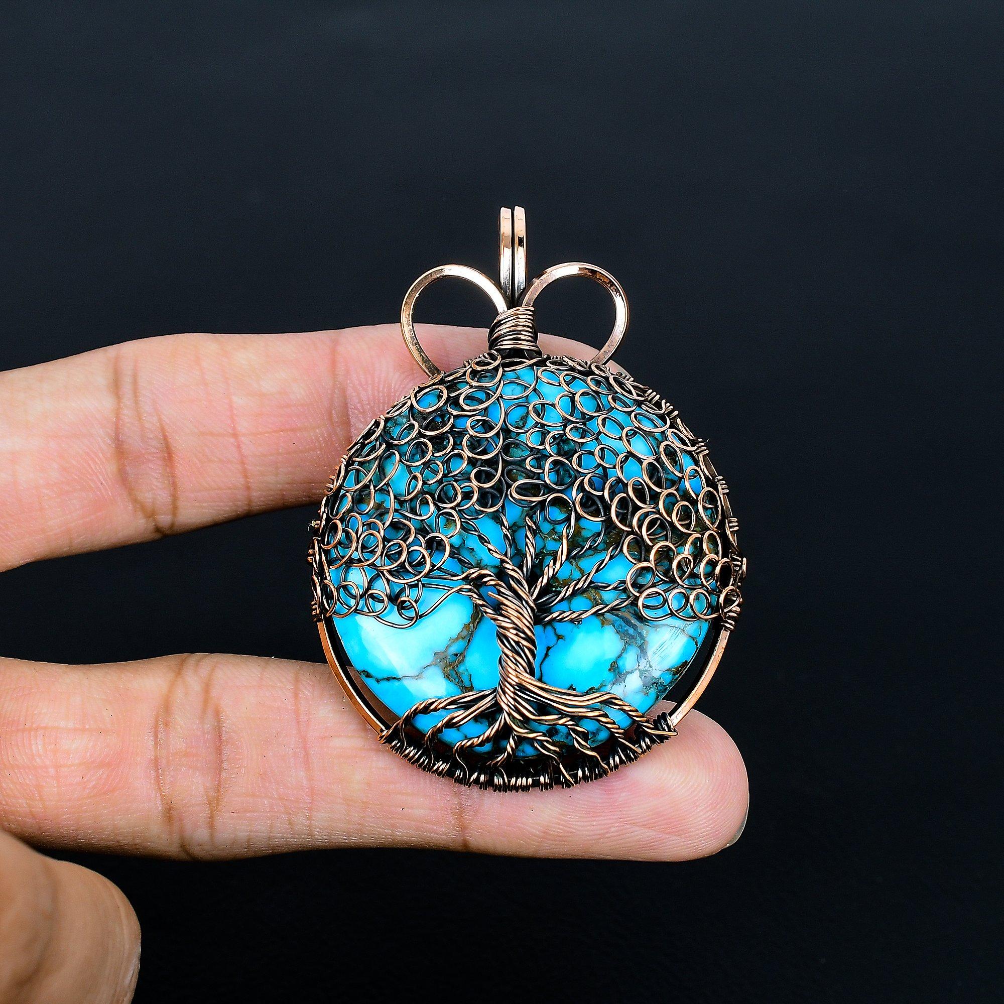 

Подвеска Древо Жизни с бирюзой, Подвеска ручной работы из драгоценного камня, обернутая медной проволокой 999 пробы, Антикварное украшение, Для подарка Медное украшение 2.56 Inches