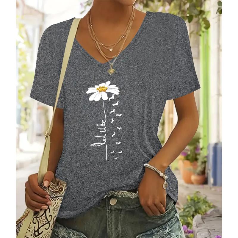 Fashion Flower Pattern Painting Blouses Short Sleeved V-Neck T Shirts Casual
