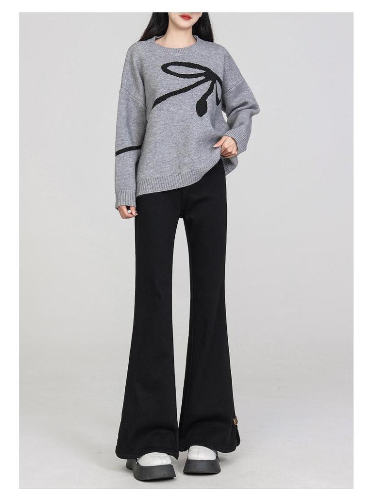 Spring Women's Plus Size Micro-Flare Elastic Jeans - Loose Slimming Split Cropped Pants for Petite