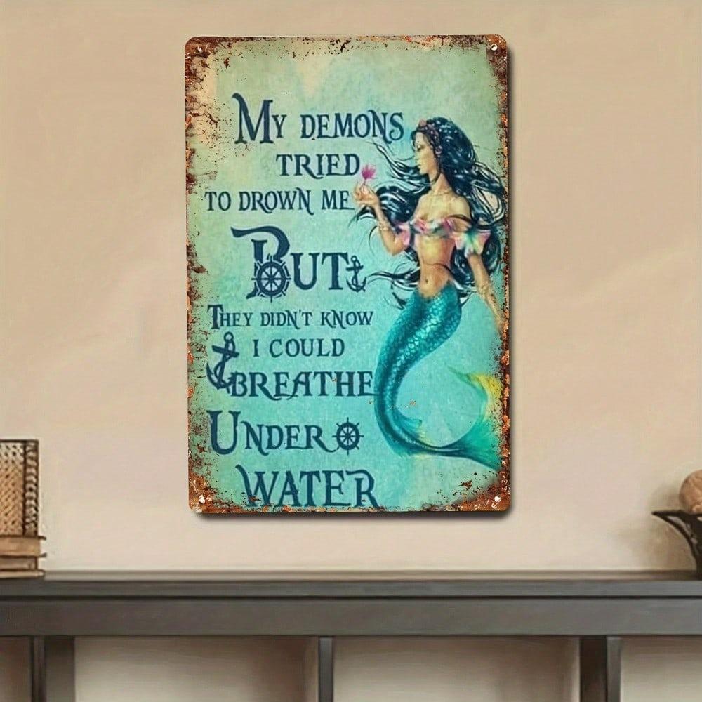 Vintage Mermaid Tin Sign Wall Art 8x12 Inch Metal Decor for Home Bar Cafe