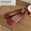 Fashion SUOJIALUN 2025 Autumn Women New Brand Flat Shoes Fashion Pleated Shallow Slip On Single Shoes Soft Flat Heel Outdoor Ballet Shoe