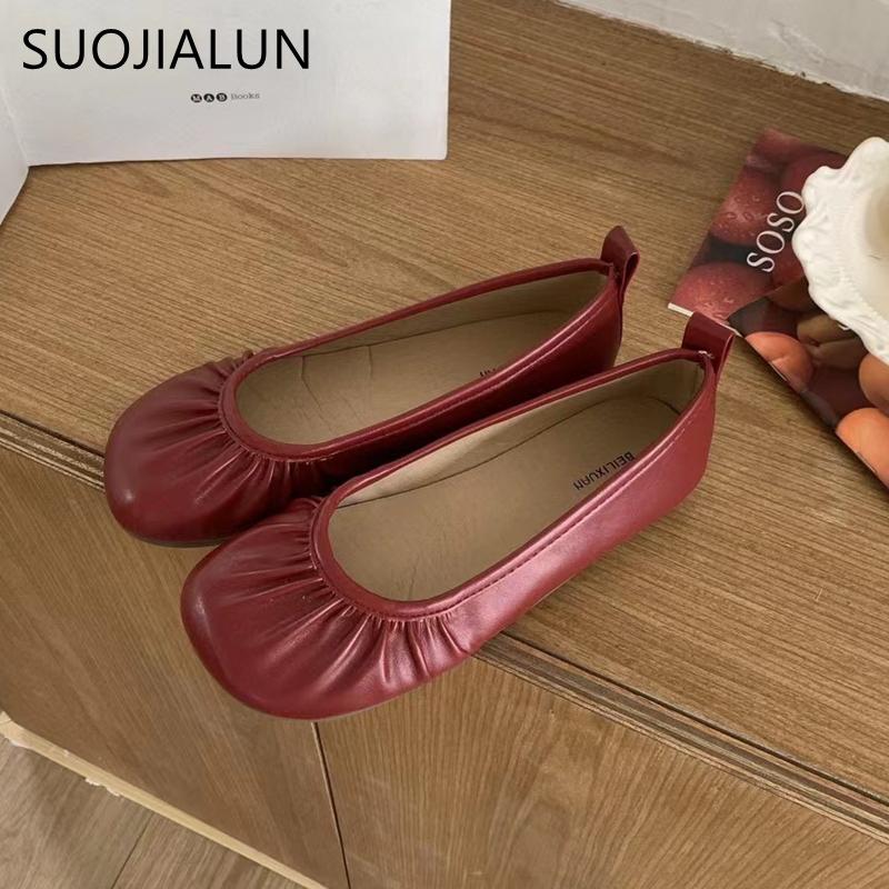 Fashion SUOJIALUN 2025 Autumn Women New Brand Flat Shoes Fashion Pleated Shallow Slip On Single Shoes Soft Flat Heel Outdoor Ballet Shoe