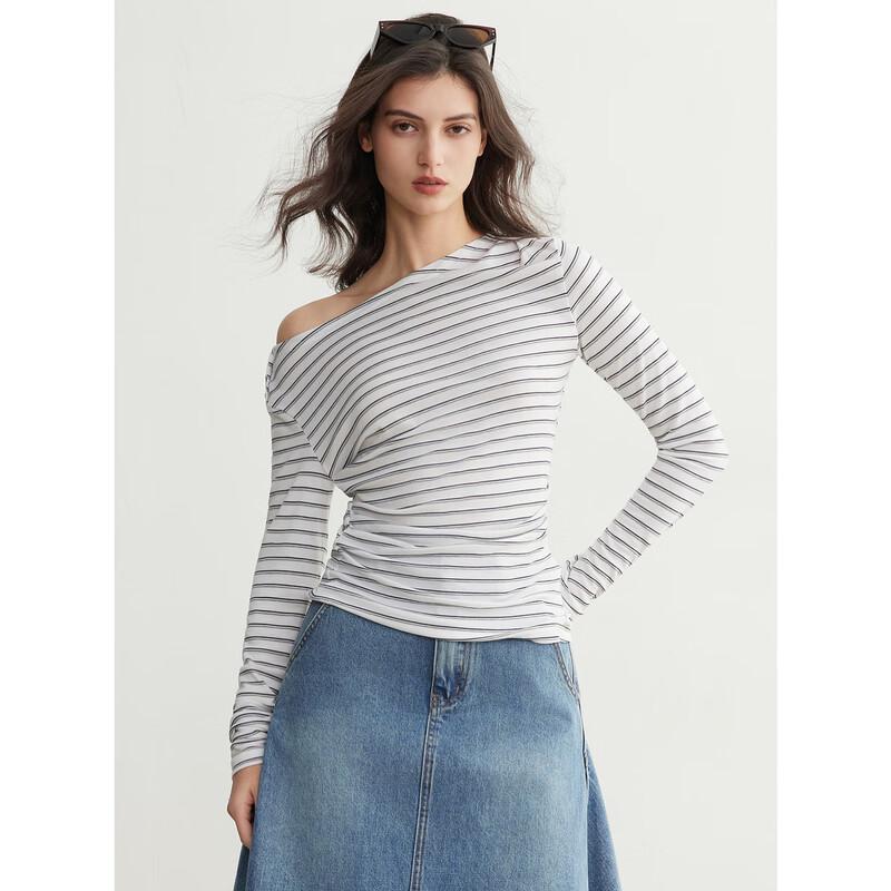 ELLE Women s Striped Lyocell Tencel Off-Shoulder Long Sleeve Top S