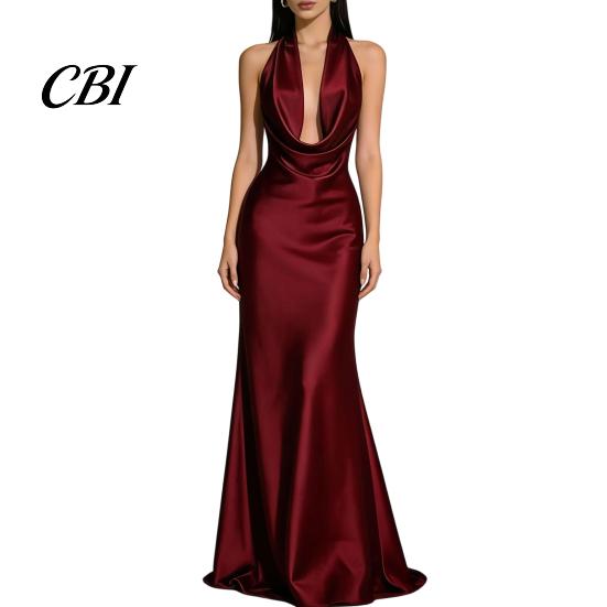 Alltagskleid Damen Sexy Rückenfreies Maxikleid, Tiefes V-Ausschnitt Ärmellos Bequemes Neckholder Satin Lang Formelles Abendparty Meerjungfrauen-Kleid Einfarbig