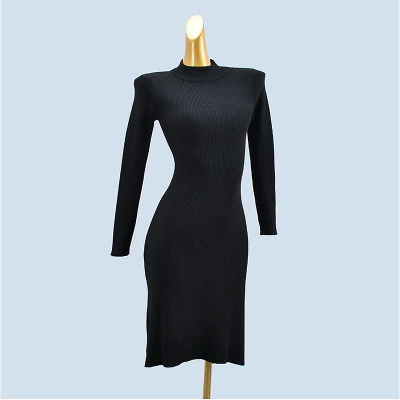 

Half High Collar Long Sleeves Easiest for Match Slim Looking Tight Waist A- line Black Mid-Length Knitting Base Dress Autumn Black All yards