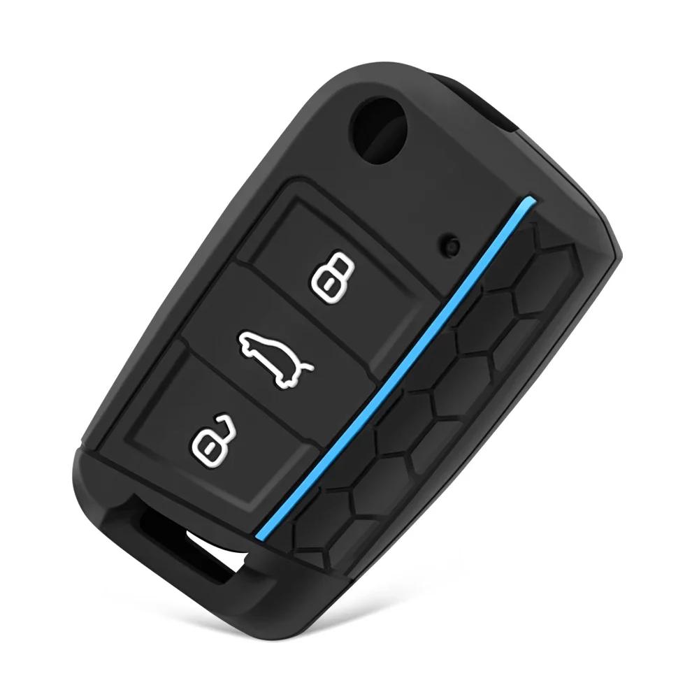 

Чехол для автомобильного ключа, силиконовый чехол для VW Golf 7 MK7, 3 кнопки, складной дистанционный брелок для сиденья, автомобильные аксессуары Skoda синий