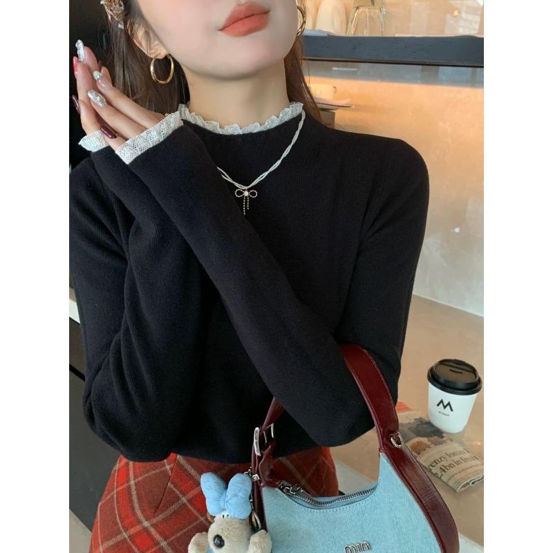 Semi-turtleneck sweater bottoming shirt women's autumn and winter new fashion slim-fitting inner lace top knitted sweater