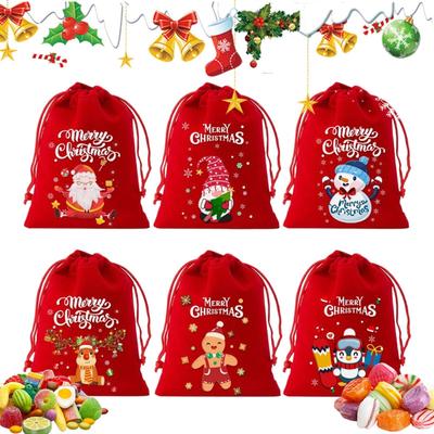 Drawstring Gift Bags Snowman Print Spacious Pouch 6 Pieces Christmas Red Drawstring Bags For Adults Holiday Home Parties