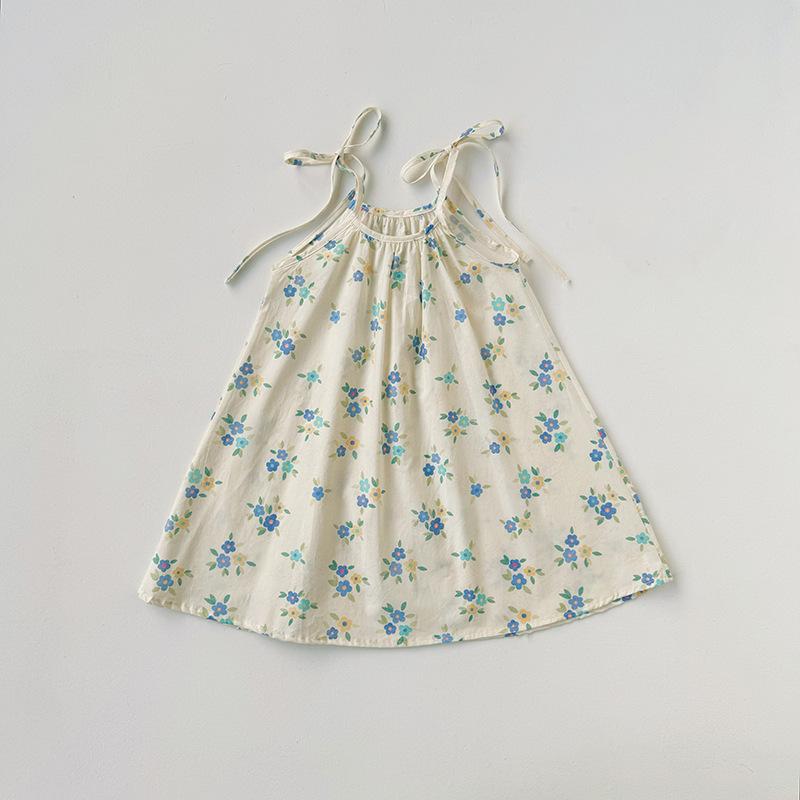 Girls Summer Cotton Floral Spaghetti Strap Dress Sweet Bow Vest Dress Kids Basic Cotton Cloth Dress 90cm