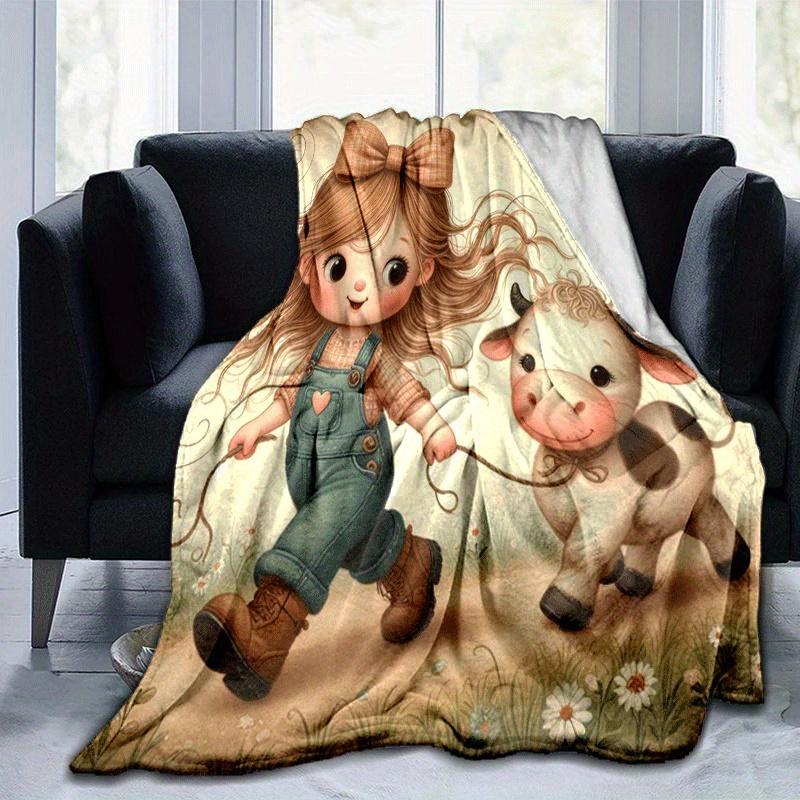 1pc Dairy Cow Printing Lightweight Flannel Blanket, Comfortable and Warm Blanket, for Camping Sofa Bed and Couch Office, In All Seasons