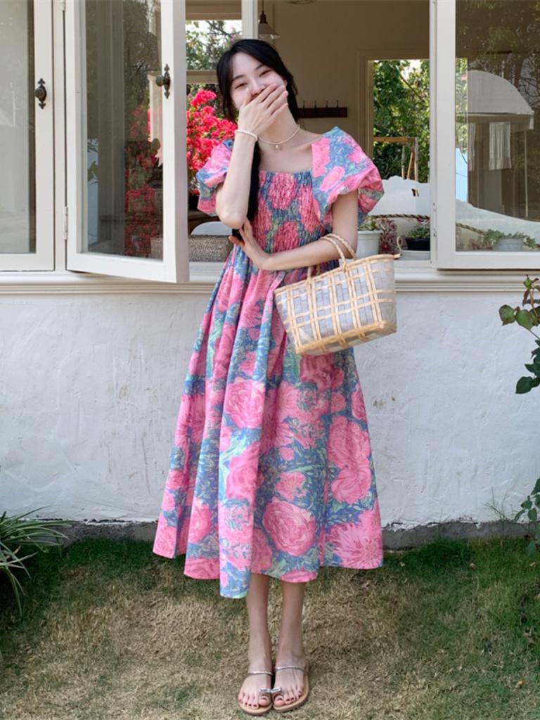 Large size women's clothing slim dress women's summer bubble sleeves pear shape slightly fat body wear long dress fat mm skirt