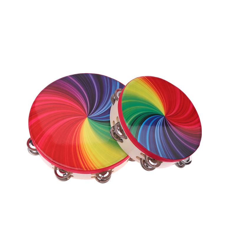 8/10 In Wooden Tambourine Handbell Hand Drum W/ Double Row Jingles Laser/Rainbow Drum Head Musical Percussion Instrument