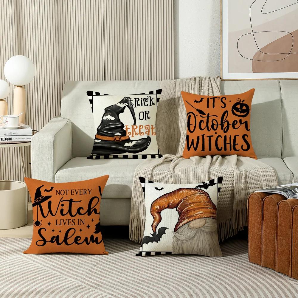 Happy Halloween Home Sofa Decoration Pillows Cushion Cover 18x18 Inches Linen Pillow Cover Halloween Pillowcase Festive Supplies