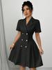 Women's Short Sleeve Waist Cinched Dress Double Breasted Button Front Fit and Flare Dress with Lapel Collar Elegant Office Wear