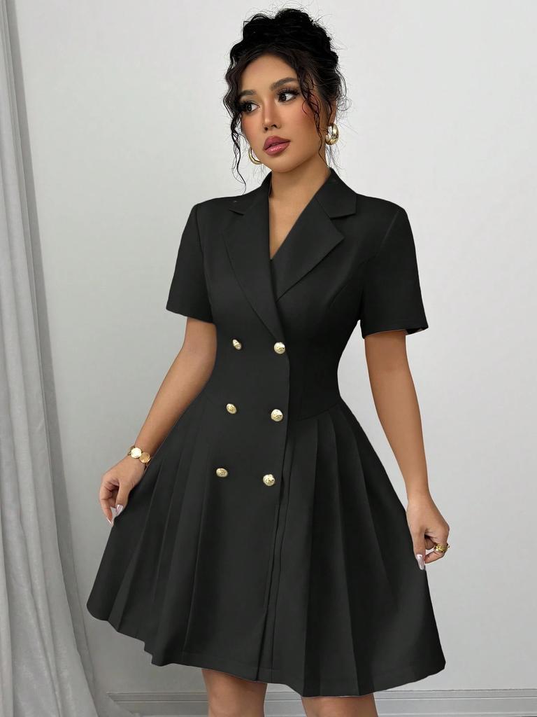 Women's Short Sleeve Waist Cinched Dress Double Breasted Button Front Fit and Flare Dress with Lapel Collar Elegant Office Wear