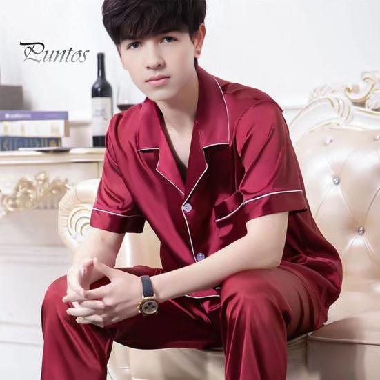Bărbați pijamale set 2 buc/set rever mânecă scurtă nasturi Placket cămașă talie elastică pantaloni lungi largi set lejer fit pijamale
