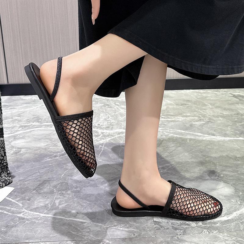 Fashion 24 New Fashion Fish Net Weaving Hollow Roman Sandals Summer Round Toe Flat Bottom Fisherman's Shoes Baotou Half Slippers