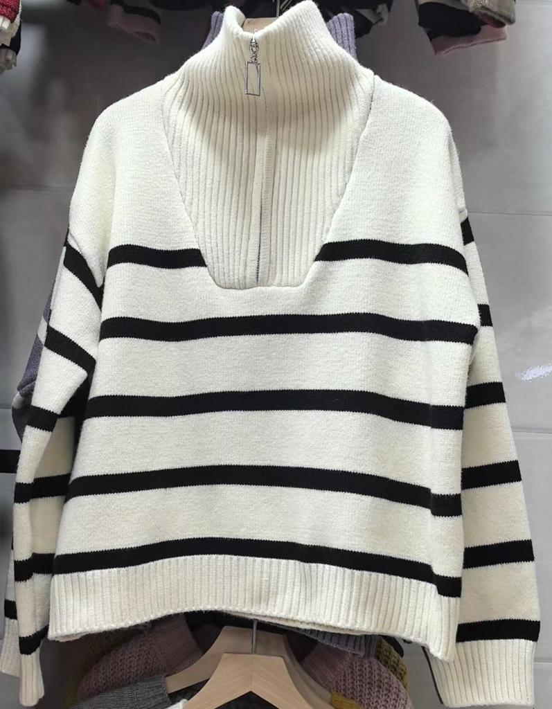 Knitted striped sweater women's autumn and winter autumn lazy wind lapel zipper knitted jacket women's pullover long-sleeved top