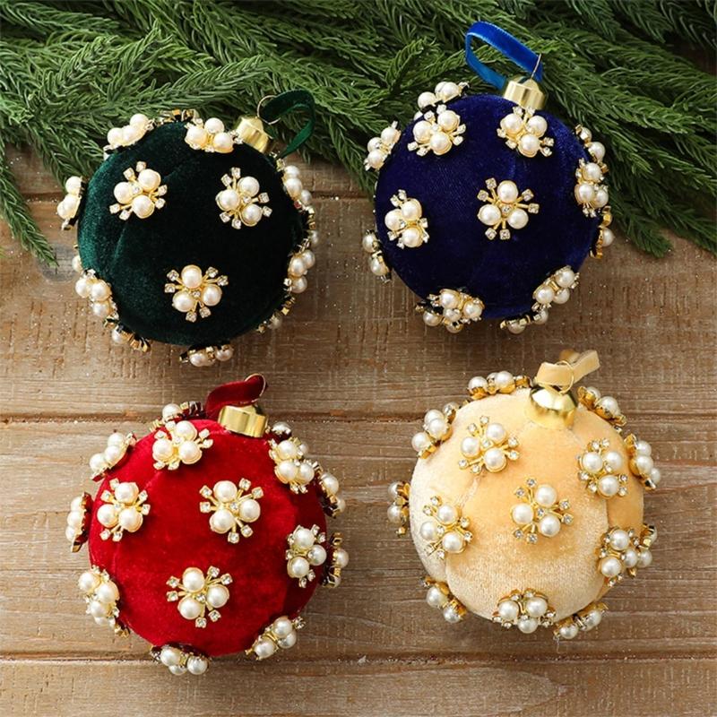 Christmas Tree Ornament Ball with Fabric, Trim Pattern and Ribbon Loop for Home Display Scenes and Seasonal Room Use