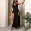 Damen Sexy Ein Schulter Ausgeschnittenes Maxikleid Doppel Hoher Schlitz Ärmellos Figurbetont Bodycon Schwarzes Abendkleid für Club Nachtausflug Cocktailparty