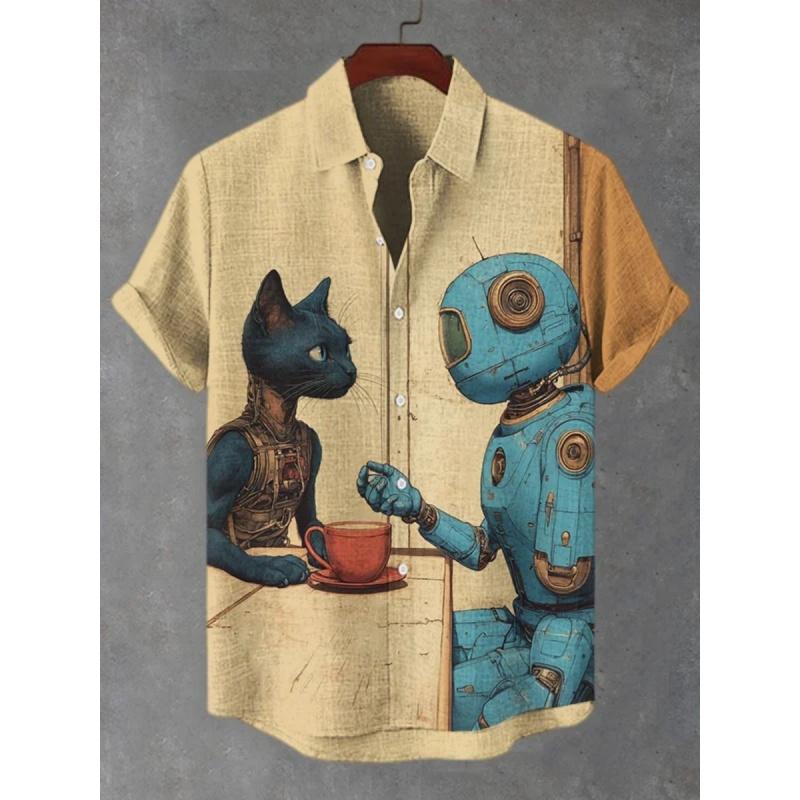 3D Printed Fun Cat Fish Hawaiian Shirt for Men Cute Animals Pattern Aloha Shirts Summer Short Sleeve Tops Street
