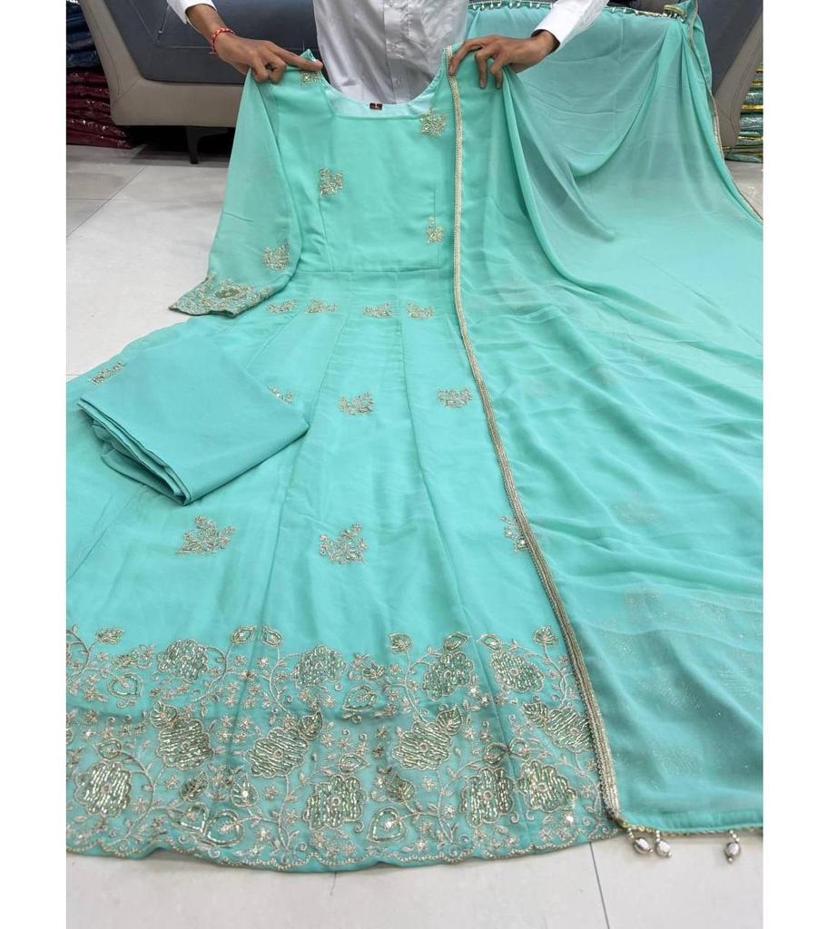 Women Bollywood Anarkali Heavy Faux Georgette Salwar Suit Indian Designer Party Wear Gown Pant Dupatta Set