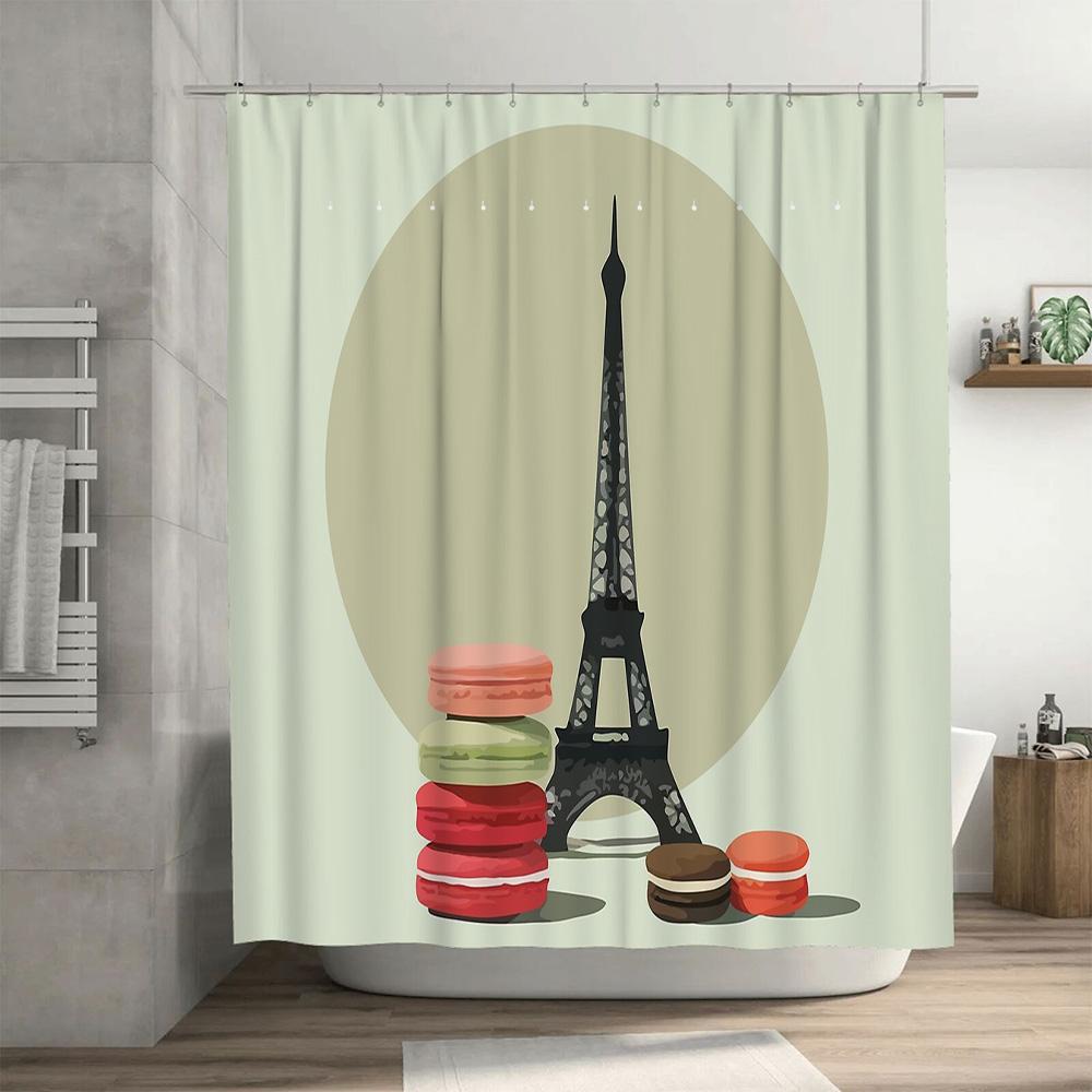 French Macaron Eiffel Tower Shower Curtain Set Waterproof Paris Theme Bathroom Decor Vintage Chic Home Decor Artistic Backdrop