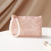 Lace Cosmetic Bag With Pearl Wrist Strap And Semi Transparent Design Perfect For Daily Makeup Storage Travel Use