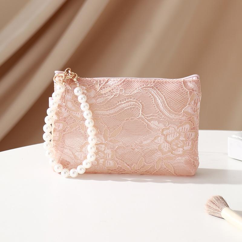 Lace Cosmetic Bag With Pearl Wrist Strap And Semi Transparent Design Perfect For Daily Makeup Storage Travel Use