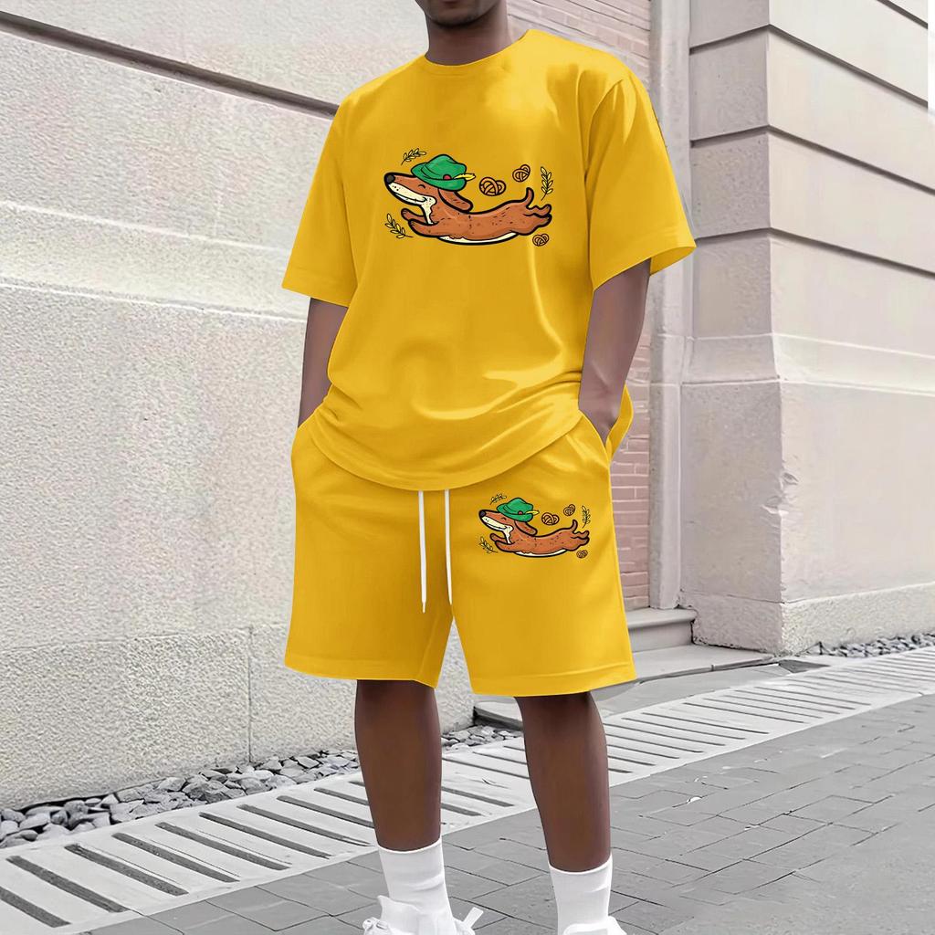 Herren Lässiges Zweiteiliges Set Kurzarm Rundhalsausschnitt Oberteil und Shorts mit Kordelzug und Grafikdruck Bequeme Passform