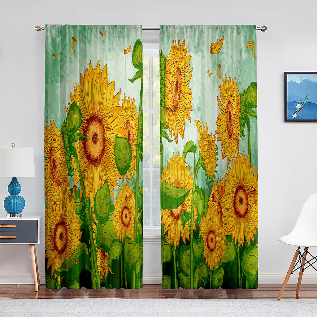 Ölgemälde Sonnenblumen Gelbe Blumen Kunstwerk Tüllvorhänge für Wohnzimmer Schlafzimmer Chiffon Transparent Voile Küchenfenstervorhang