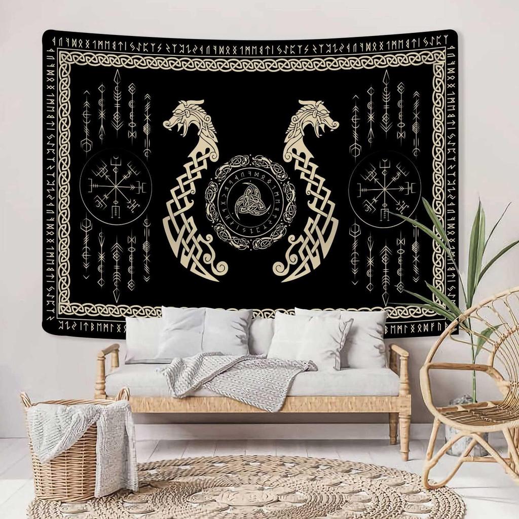 Viking Dragon Tapestry, Ancient Rune Dragon Totem Norse Mythology Wall Art Tapestries, Black White Mystical Geometric Norse