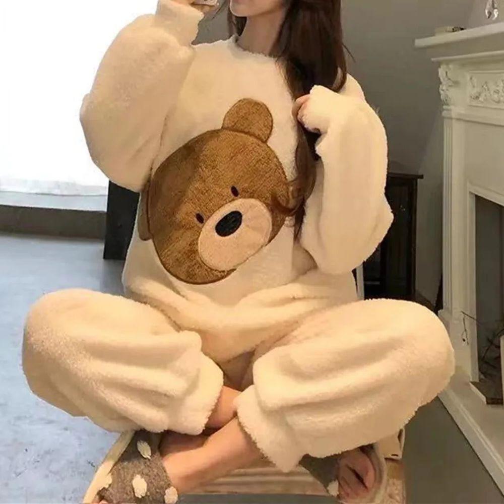 Pajamas Women's Winter Flannel Korean Version Long Sleeved Thickened Velvet Coral Velvet Cute Loungewear Set Christmas Birthday