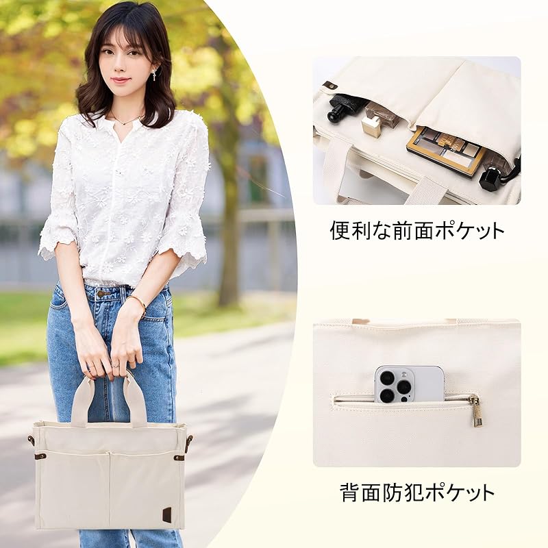 VASCHY tote bag canvas ladies large capacity shoulder bag commute Commuting to school lightweight shopping shoulder bag Plain color A4 size crossbody