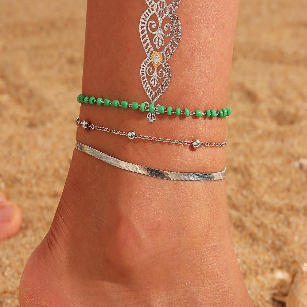 Bohemian Retro Wax Rope Mixed Color Woven Turquoise Sunflower Handmade String Mixed Color Rice Bead Multi-Layer Anklet