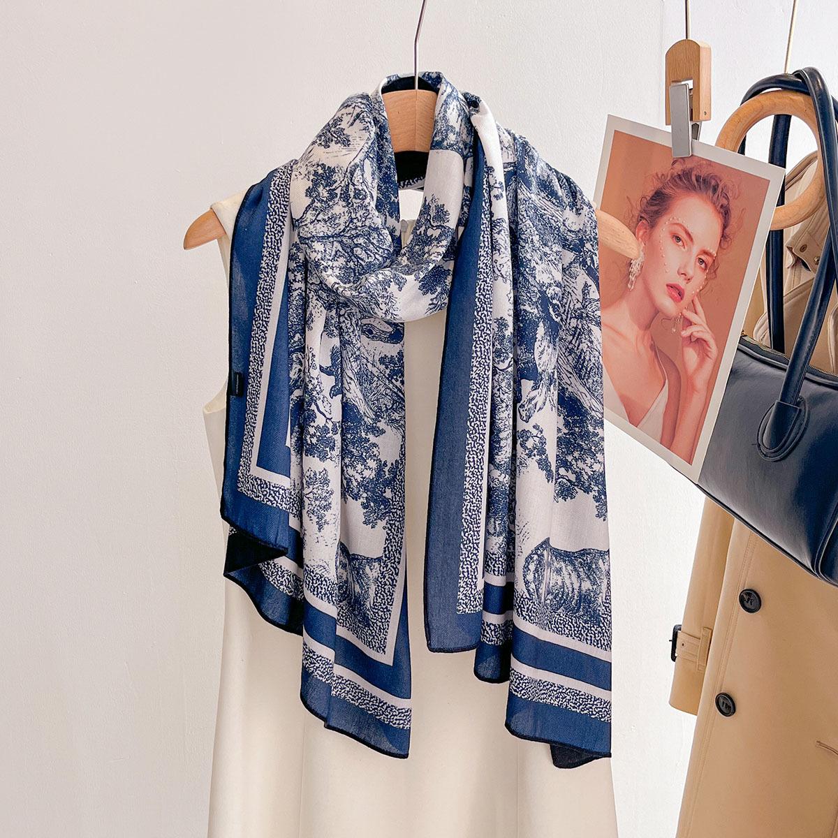 

60*170CM Summer Beach Wraps Luxury Scarves For Women Breathable Large Shawl Two-tone Printed Retro Scarf Elegant Hijab