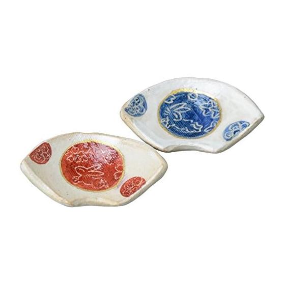 Kyo-yaki Kiyomizu-yaki Kan Chopstick Rest Pair, Marumon Usagi (Round Rabbit Pattern), hmr604, Fan Shape, Hand-Painted Pottery, Japan