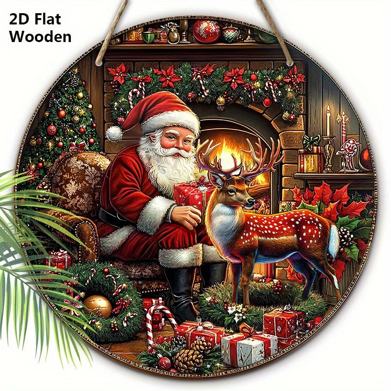 

Деревянная рождественская табличка в деревенском стиле с классическим узором Санта-Клауса и оленей - круглая табличка Navidad для входной двери, настенный декор - идеальный рождественский декор 20cm/7.87in красный