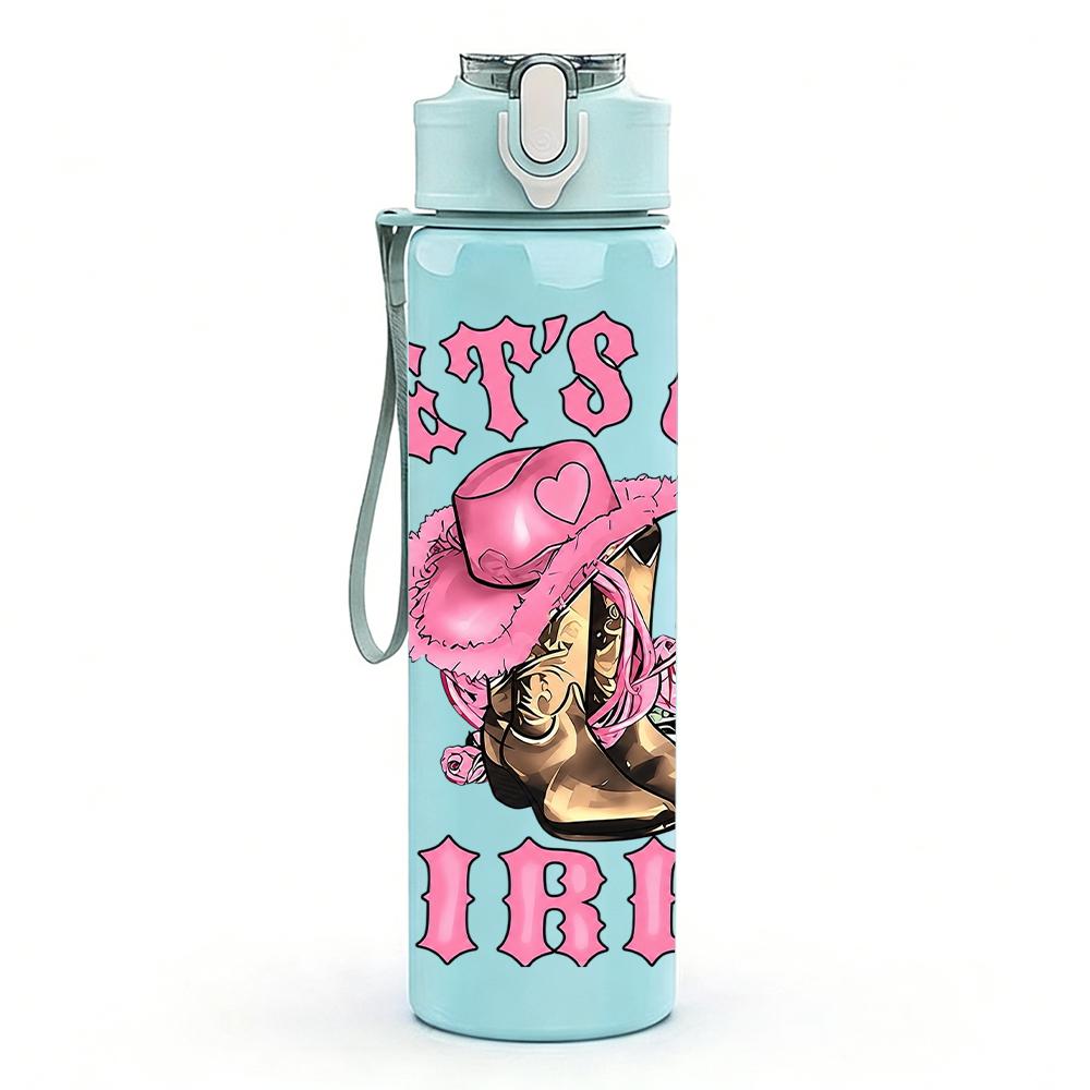 1PC Let's Go Girls Cowboy Hat Pink 750ml Color Plastic Sports Water Bottle Leakproof Flip Straw Lid Suitable for Sports Office Home Use