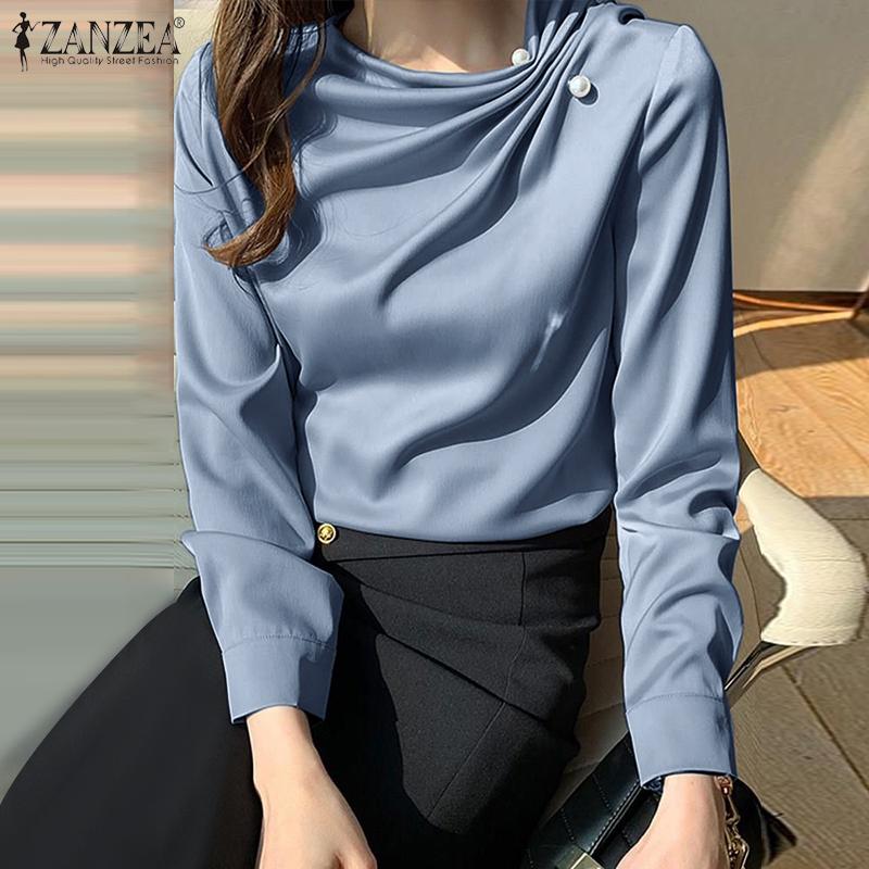 

ZANZEA Женская повседневная атласная блузка с длинным рукавом и круглым вырезом