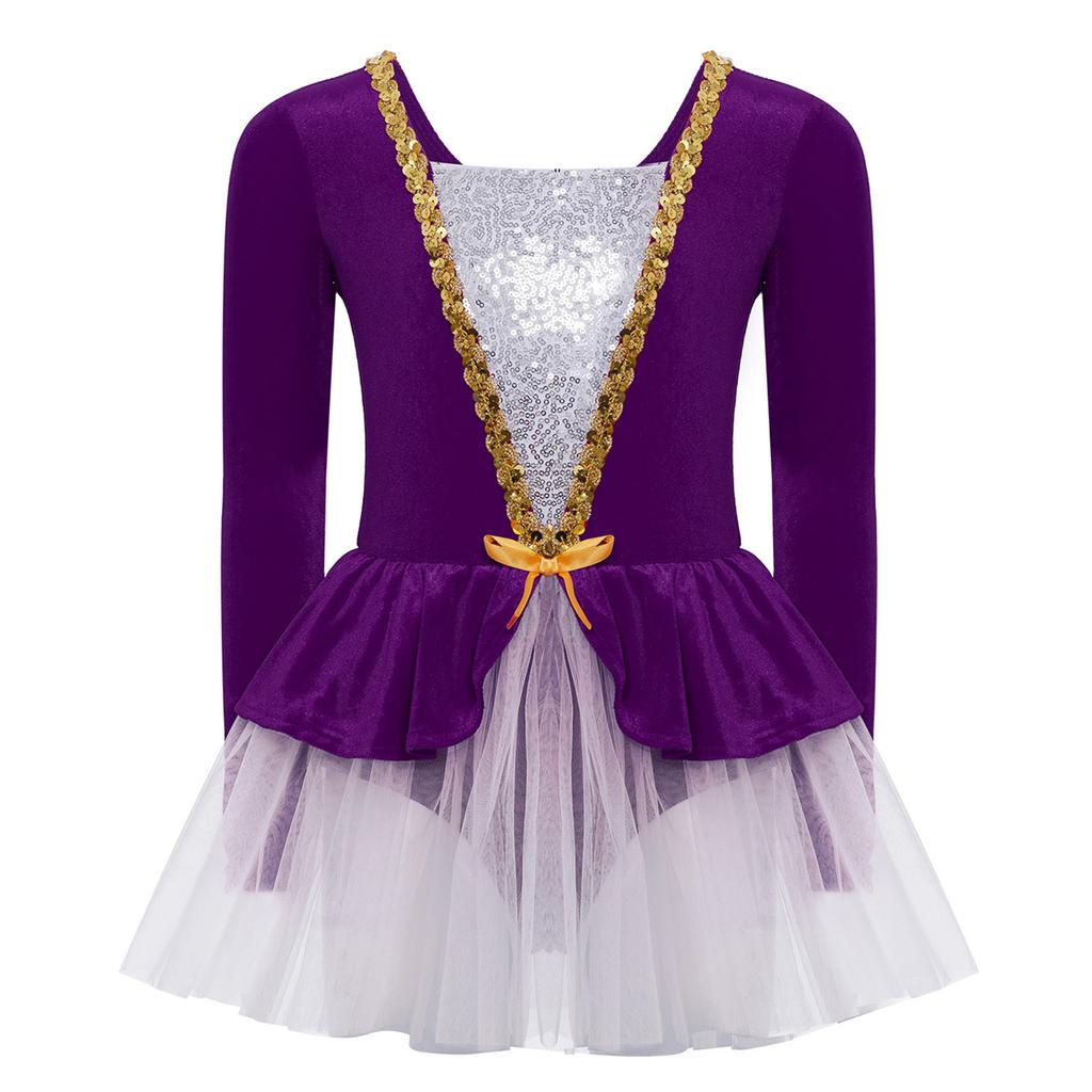 Mädchen Eiskunstlauf Performance Kleid Langarm Glitzernde Pailletten Patchwork Samt Tüllkleid Eingearbeiteter Slip Ballett Kostüm