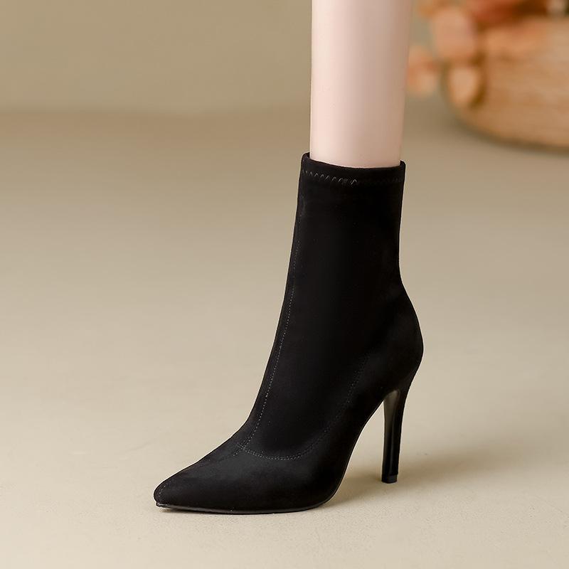 

Short boots women s thin heel spring and autumn single boots pointed black thin boots velvet high heel elastic thin boots 33