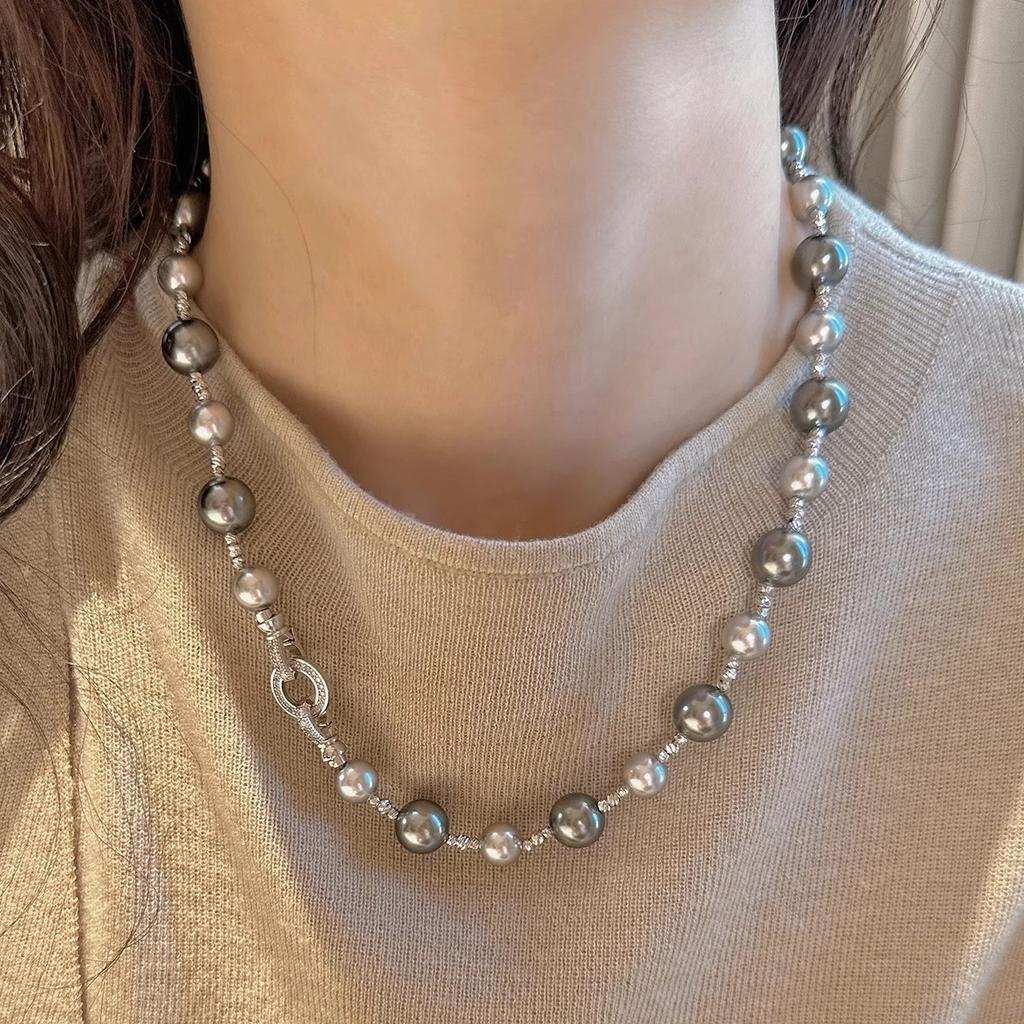 Micro Inlaid Ring Buckle French Retro Shijia Mixed Color Pearl Necklace Women'S Fashion Light Luxury Niche Neck Chain Sweater Chain Tide